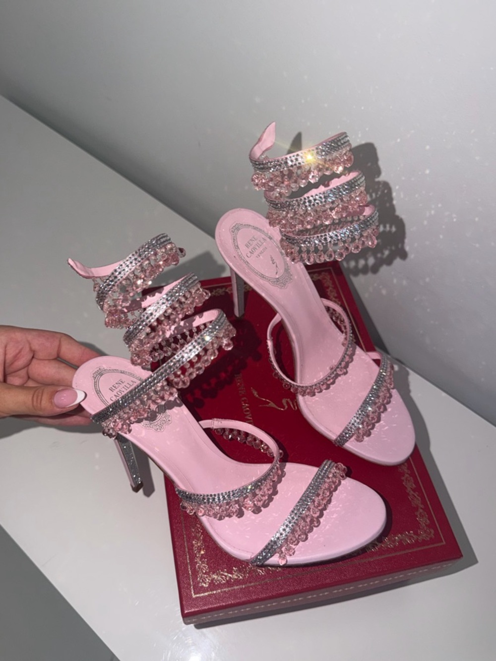 Rene Caovilla Pink and White Strappy Heels